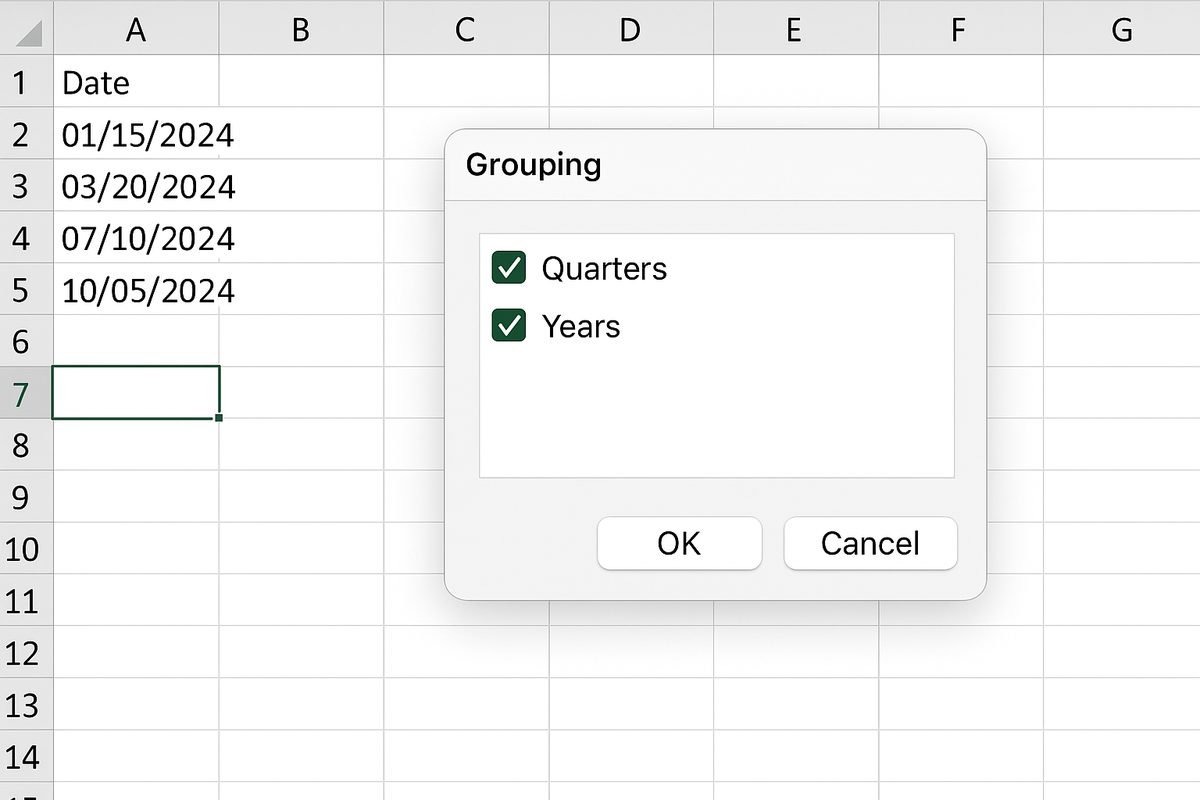 Grouping dialog box in Excel with Quarters and Years selected