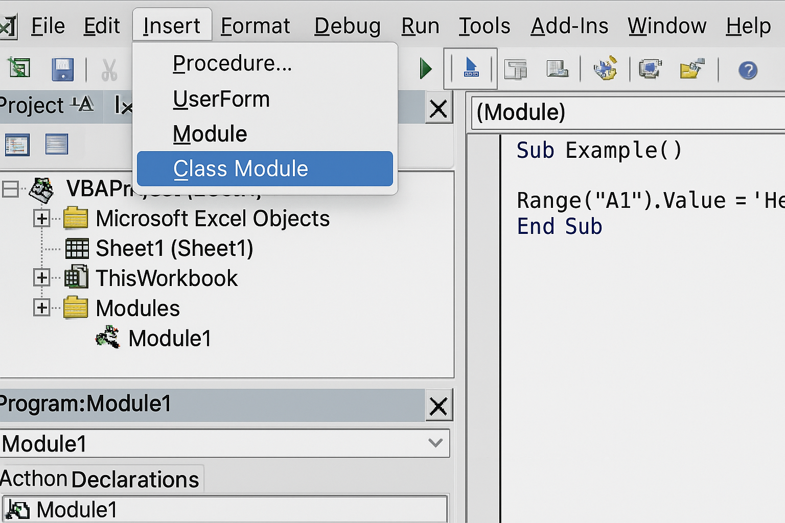 VBA editor showing the Insert menu with Class Module option selected