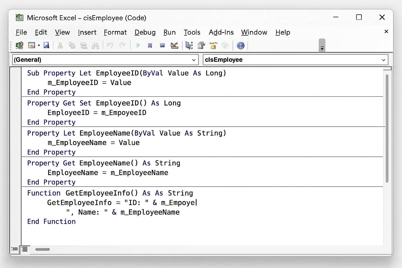 VBA editor showing code defining properties and methods inside clsEmployee class module