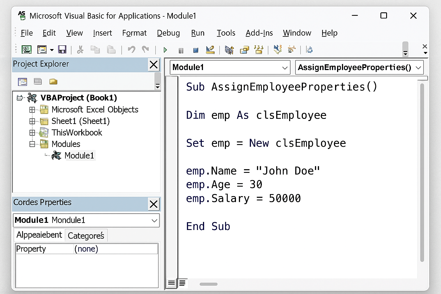 VBA code assigning values to properties of an employee object in the VBA editor