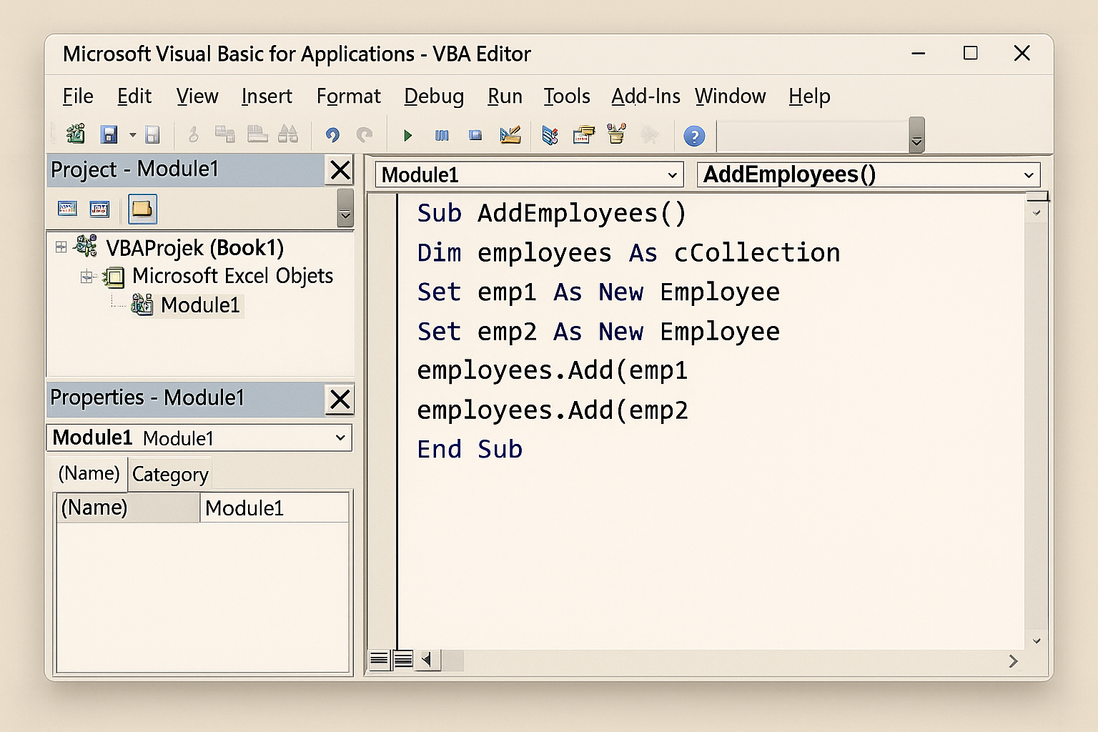 VBA code adding employee objects to a collection in the VBA editor