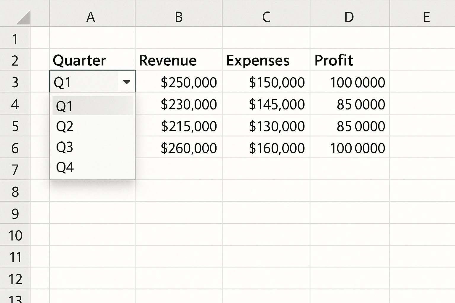 Excel worksheet with data validation dropdown menu for quarters applied to selected cells