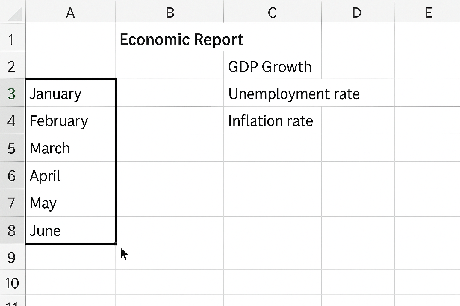 Excel worksheet showing a starting date entered and AutoFill used to fill subsequent months in a column