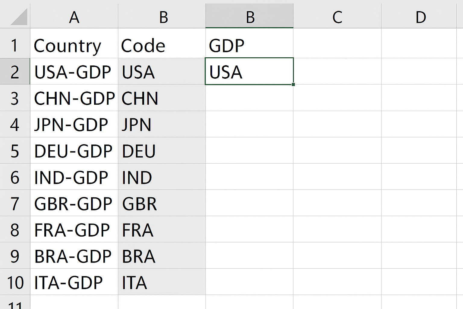 Excel worksheet showing Flash Fill used to extract country codes from combined data