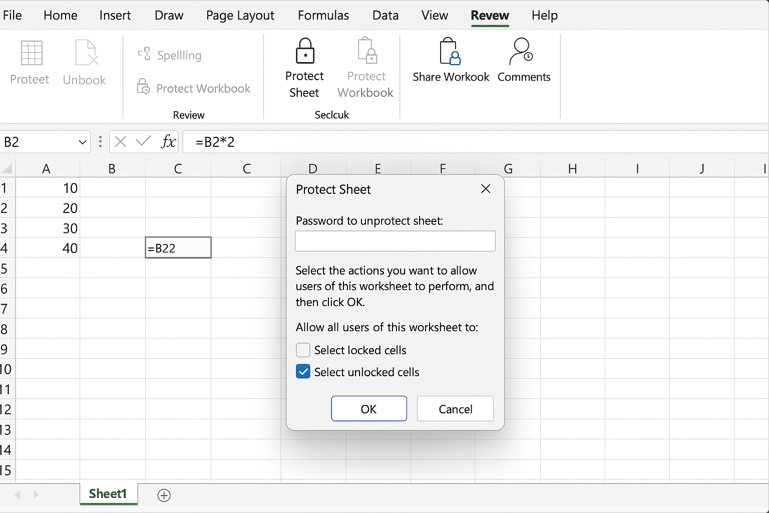 Excel worksheet with Protect Sheet dialog open showing protection options and password entry