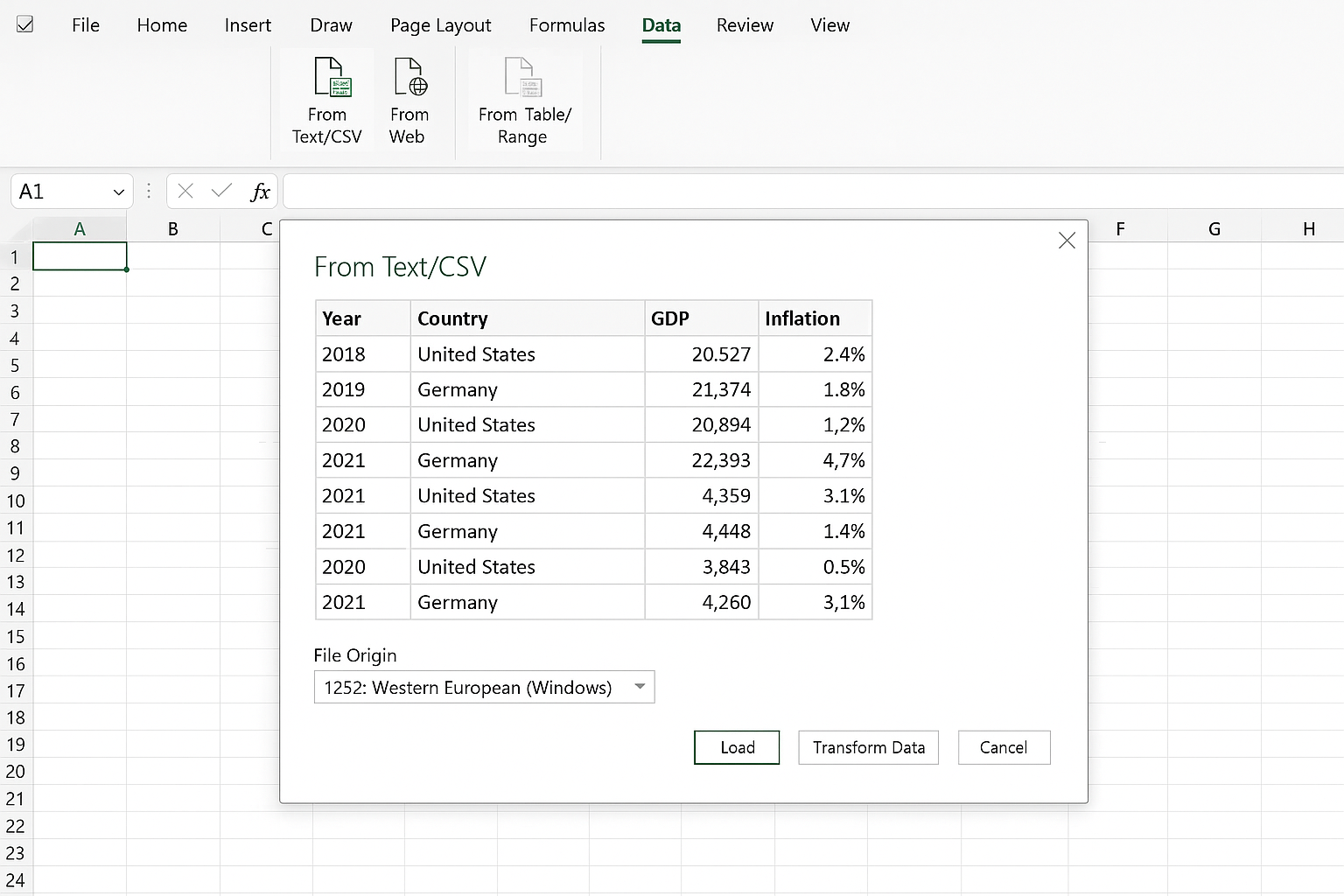Excel worksheet showing the import data from text/CSV dialog open with a preview of economic data
