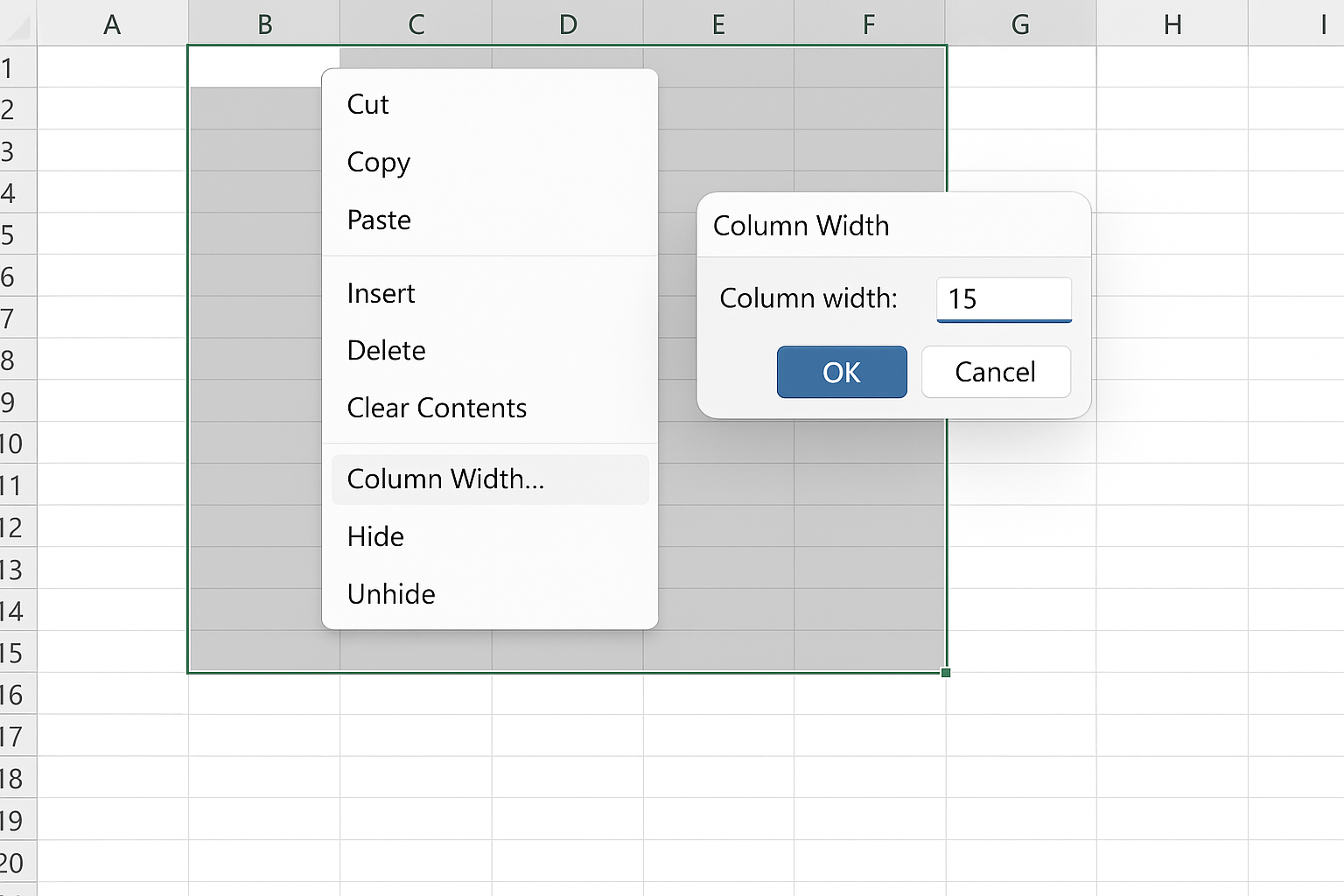 Excel worksheet with columns A to H selected and column width set to 15