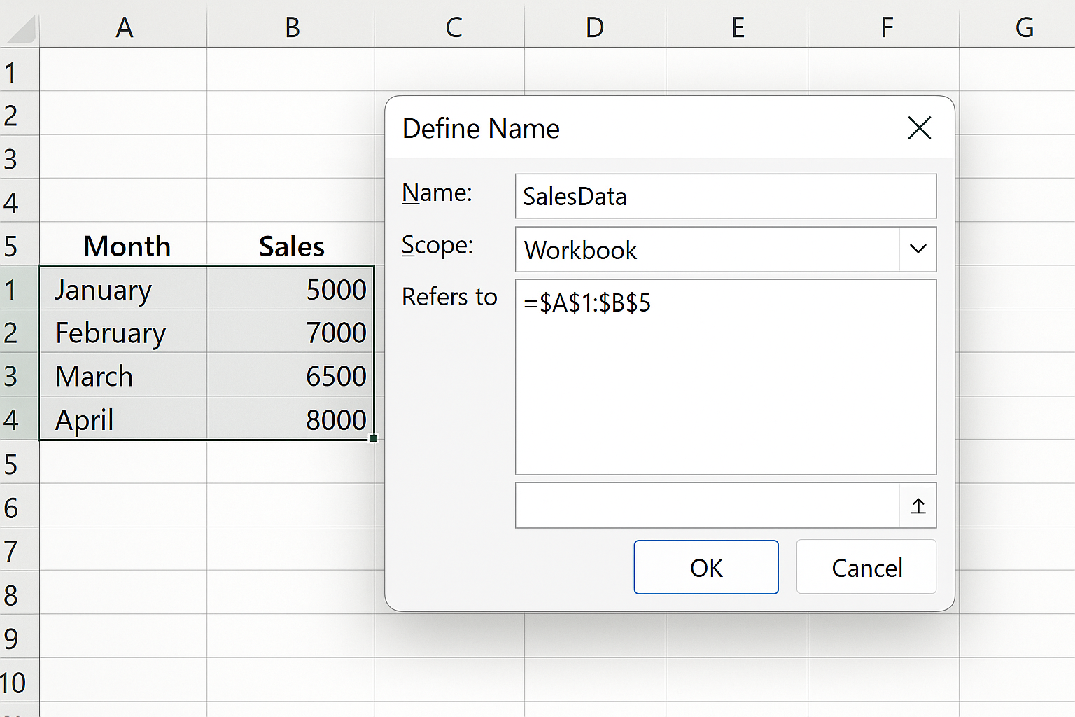 Excel Define Name dialog box open with a named range entered