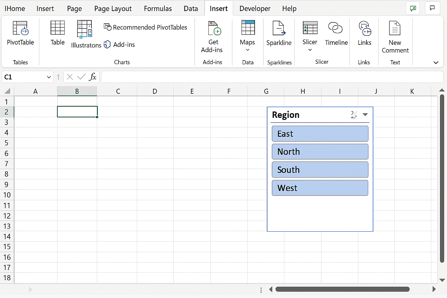 Excel worksheet with a slicer inserted for filtering data by Region