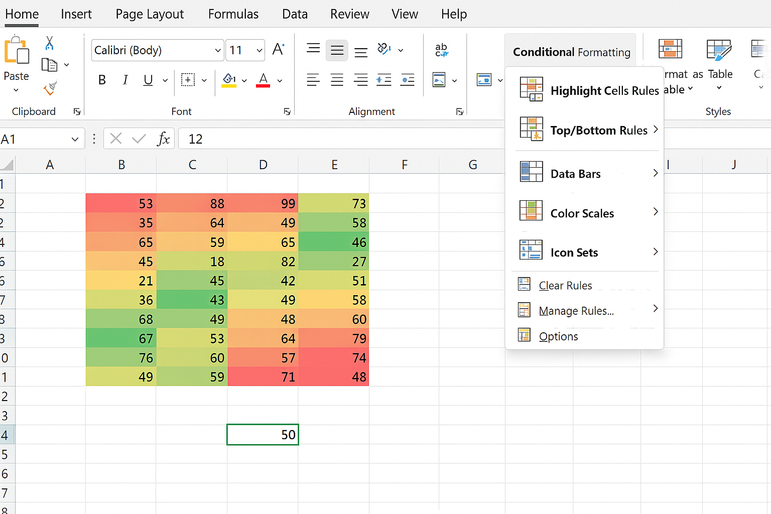 Excel worksheet with conditional formatting applied to highlight high sales values