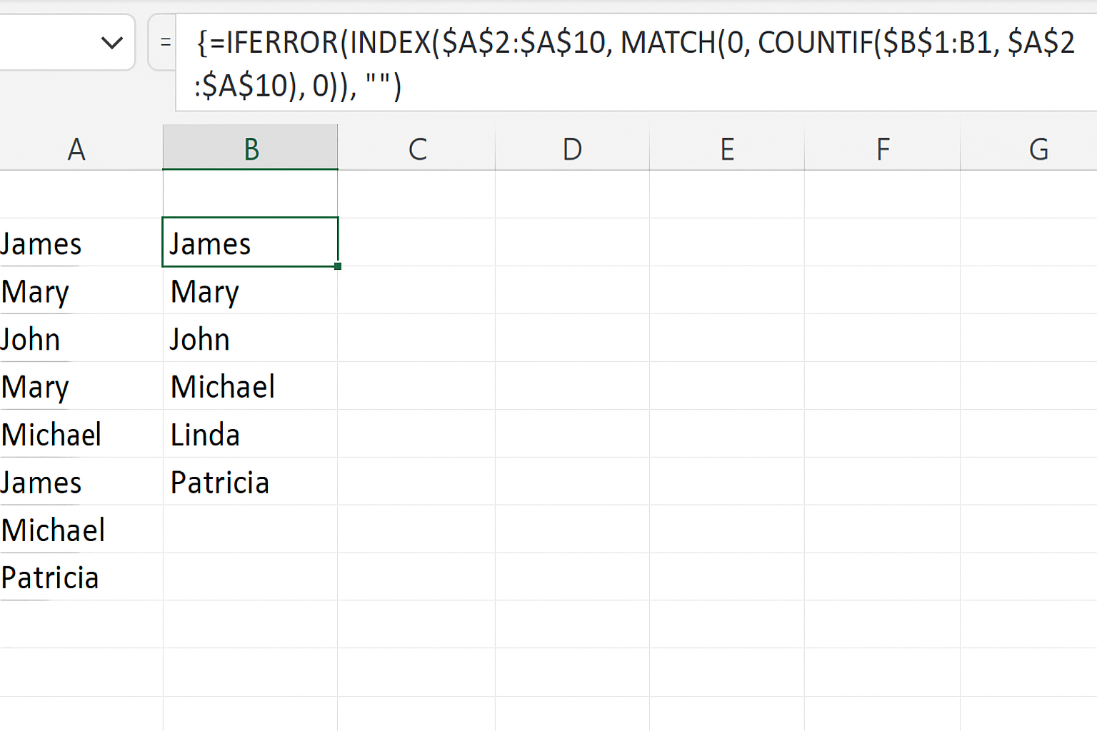Excel worksheet showing traditional array formula entered with Ctrl+Shift+Enter extracting unique values