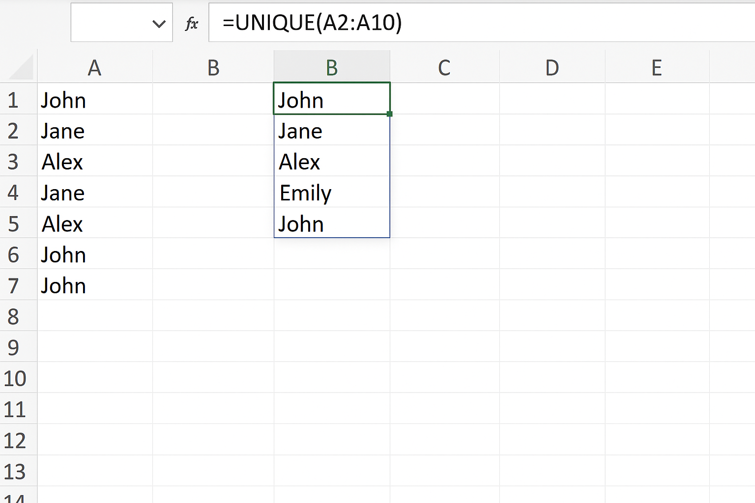 Excel worksheet showing dynamic array UNIQUE formula spilling unique values