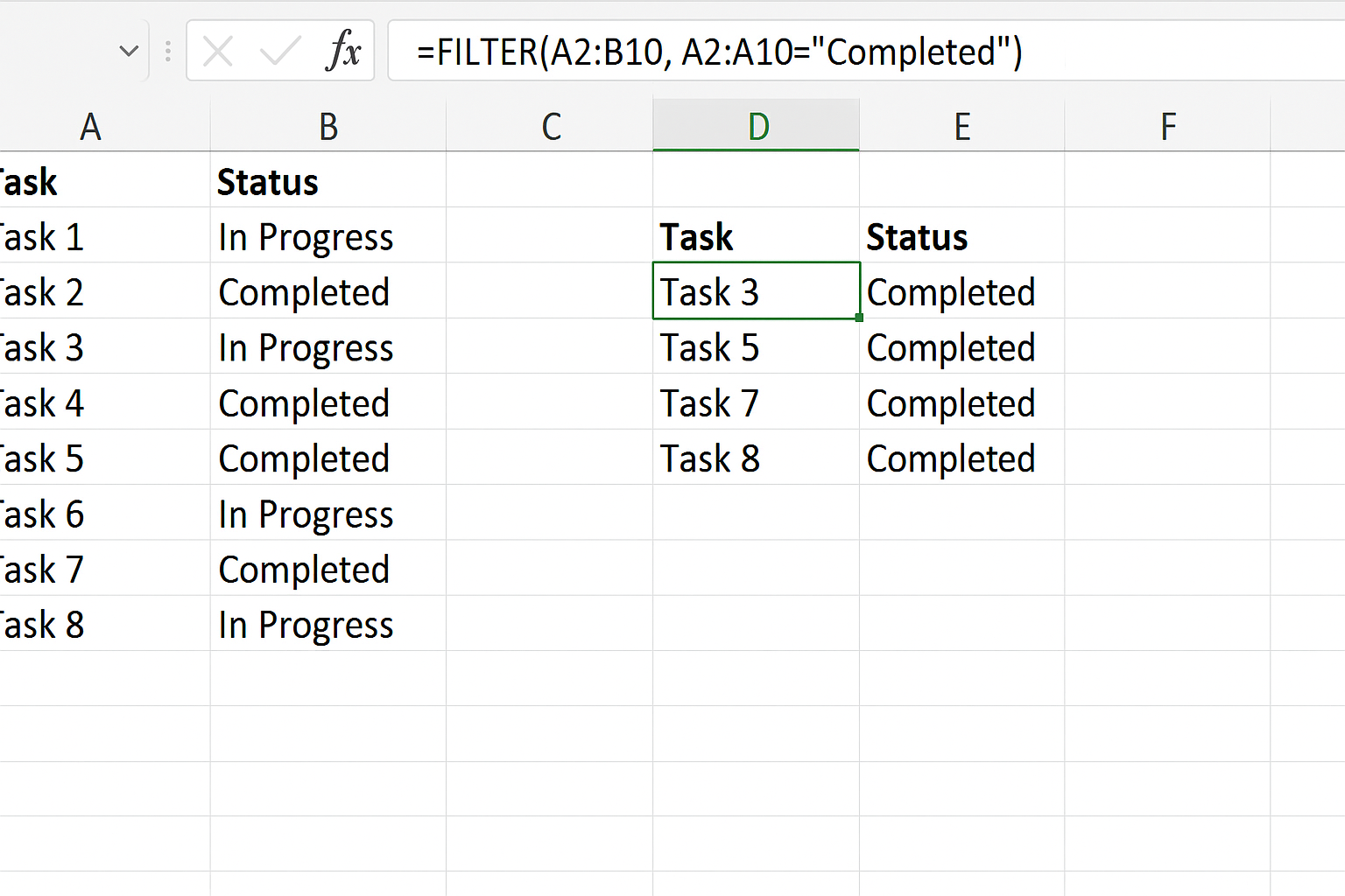 Excel worksheet showing FILTER formula returning rows where status is Completed