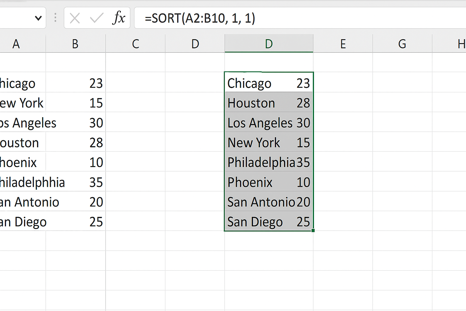 Excel worksheet showing SORT formula sorting data by first column ascending