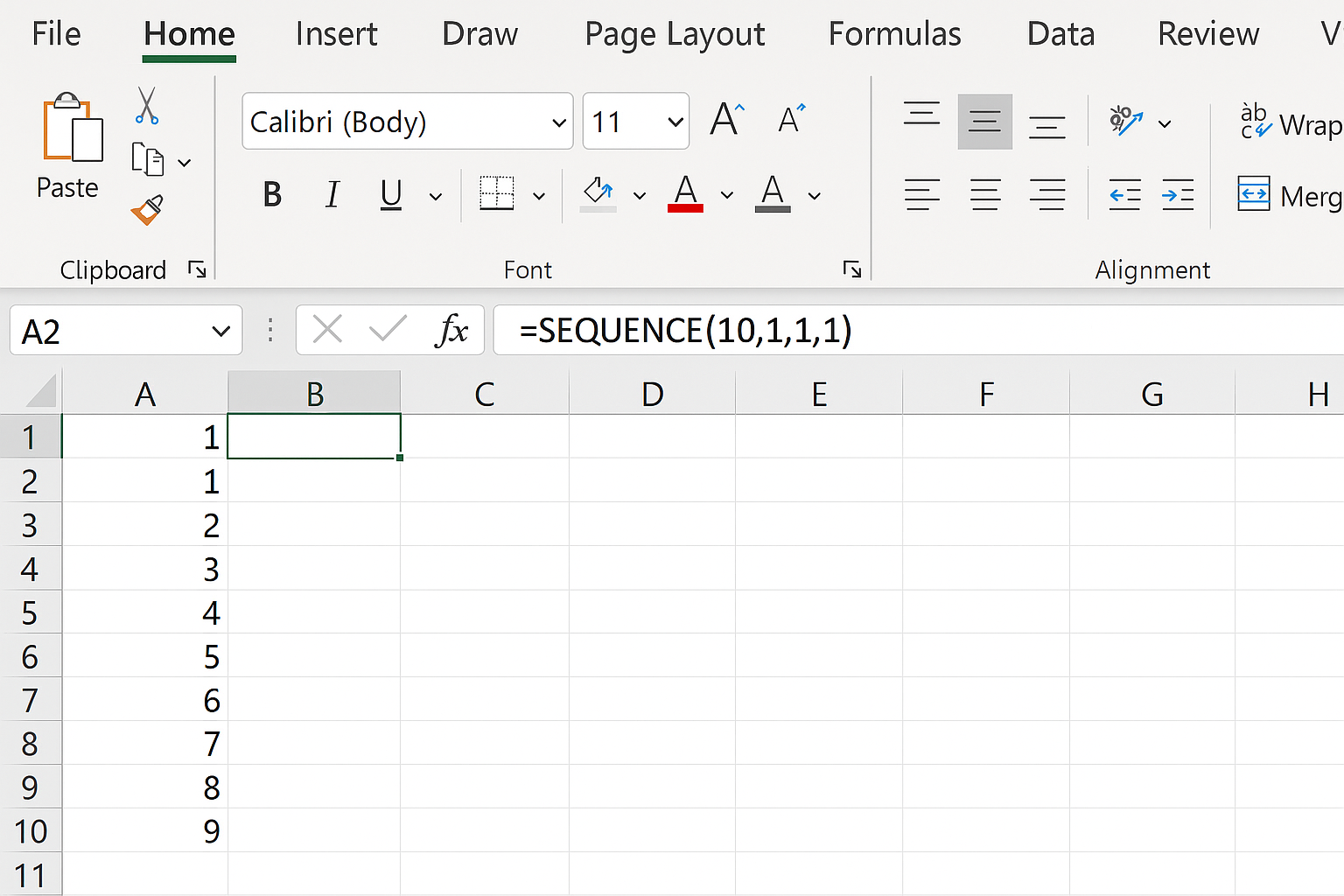 Excel worksheet showing SEQUENCE formula generating numbers 1 to 10 vertically