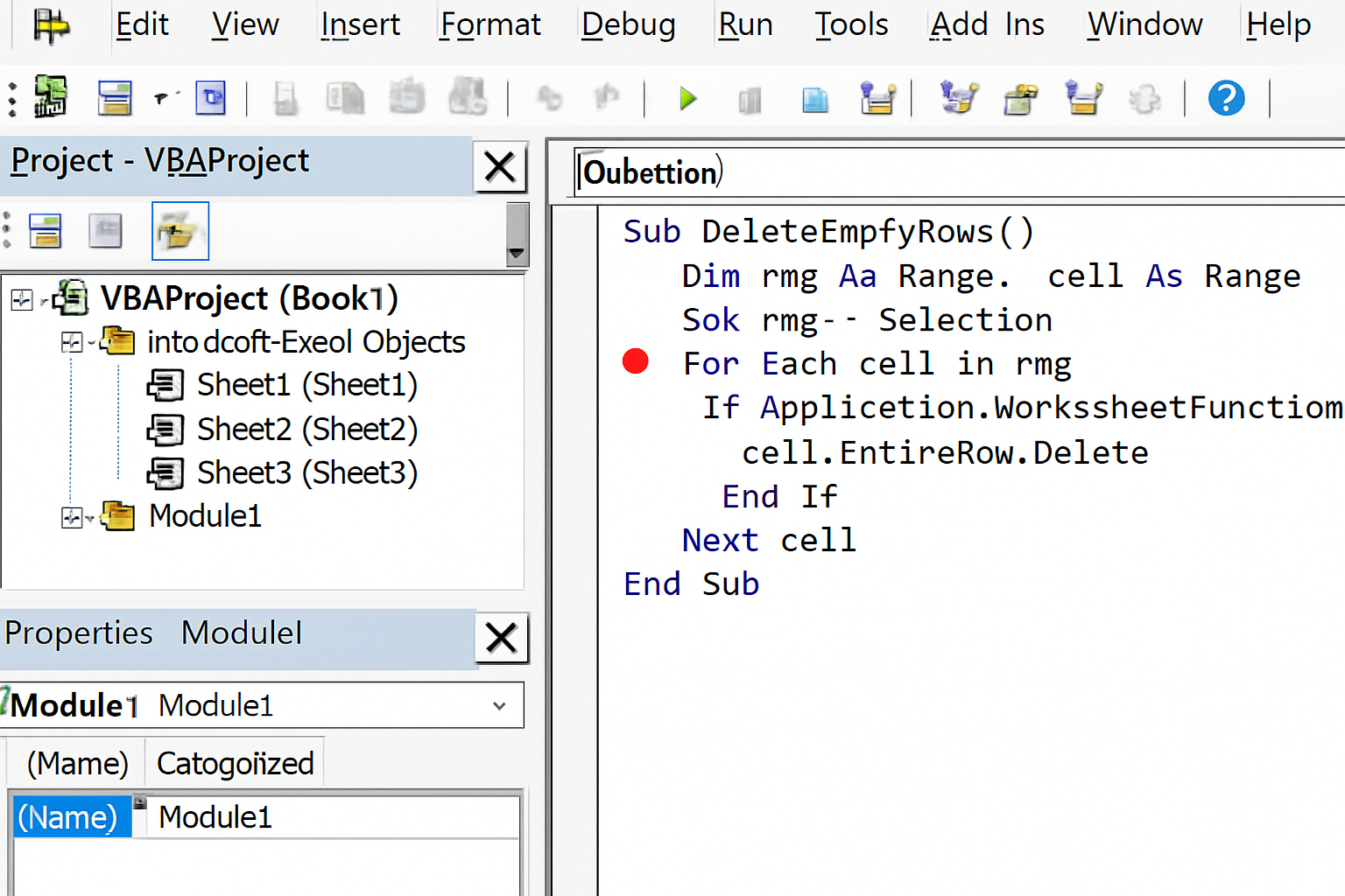 VBA Editor showing a breakpoint set on a line of code