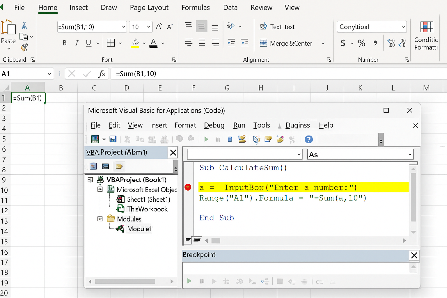 VBA Editor paused at a breakpoint before a suspicious code block