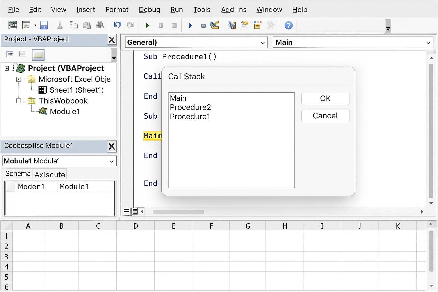 Call Stack window open in the VBA Editor showing procedure call sequence