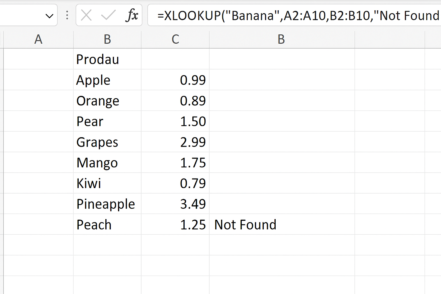 Excel showing XLOOKUP formula with if_not_found argument returning 'Not Found' for missing lookup