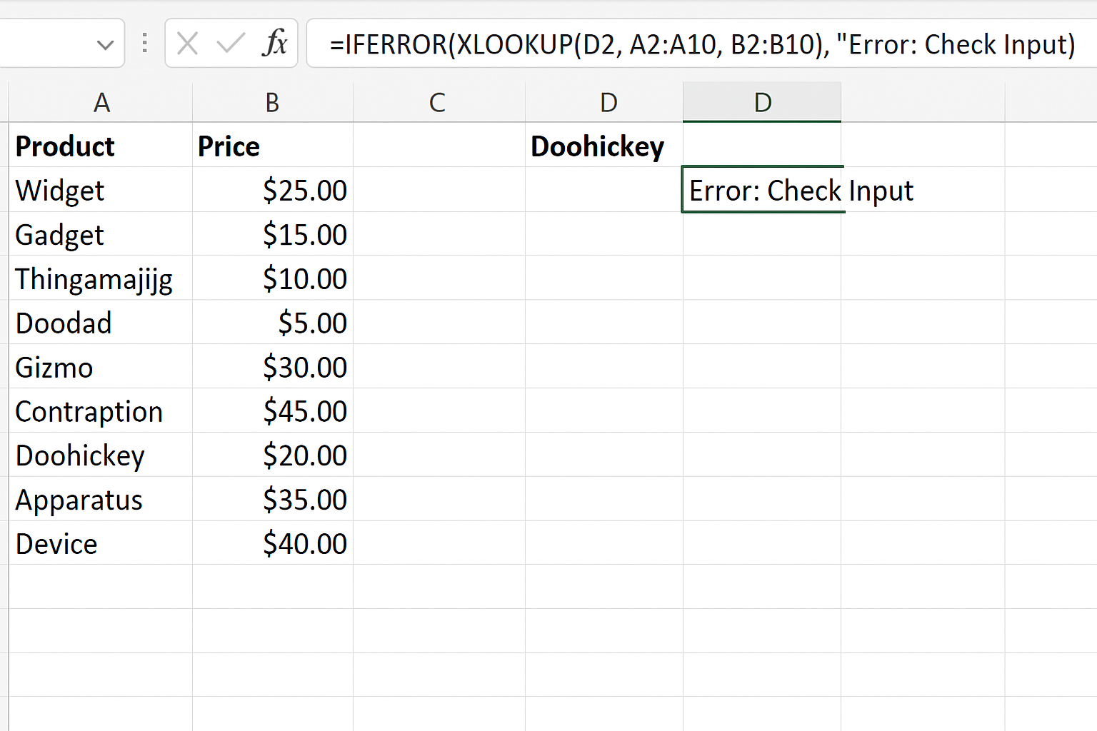 Excel showing IFERROR wrapped around XLOOKUP formula displaying custom error message