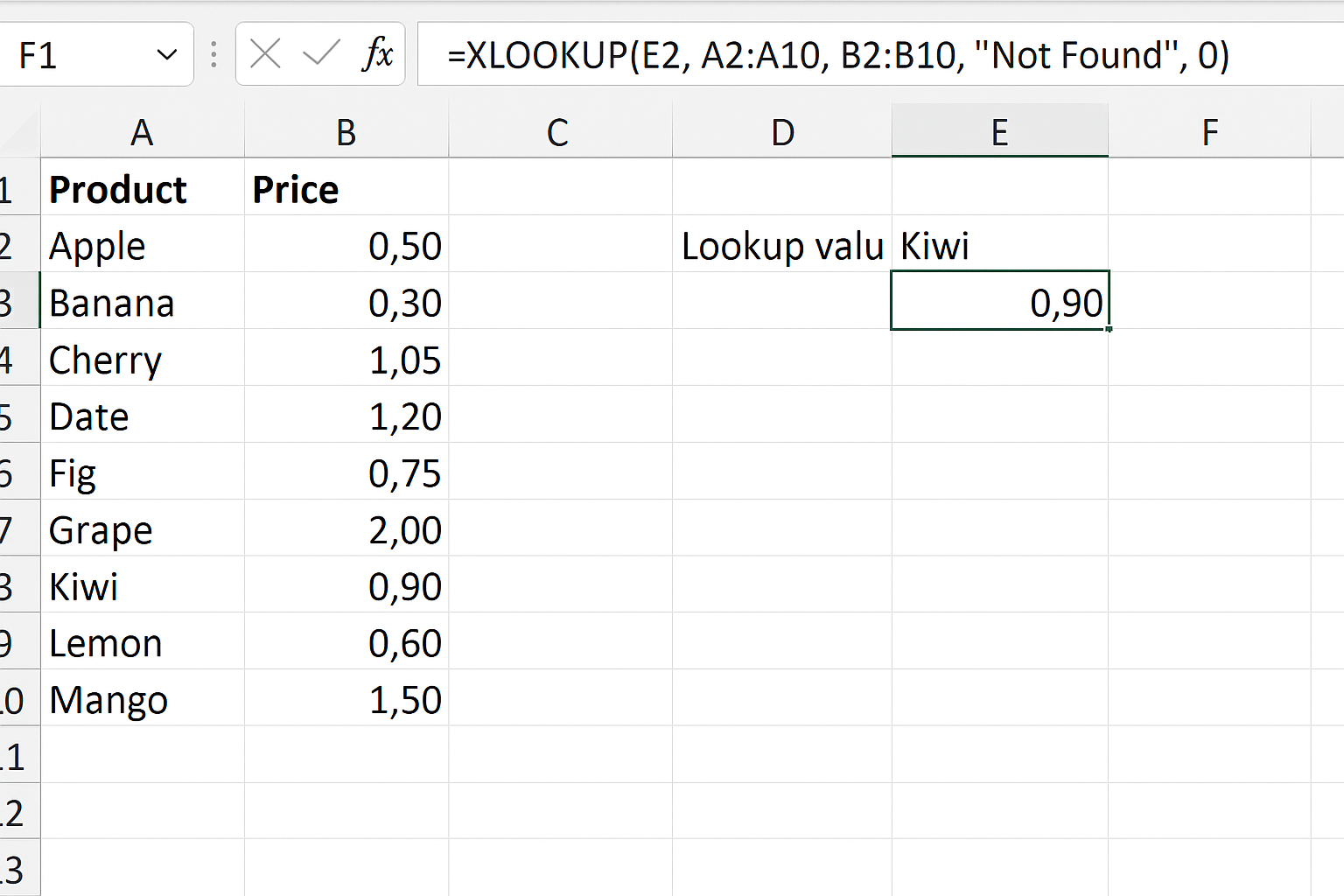 Excel showing XLOOKUP formula with exact match mode specified
