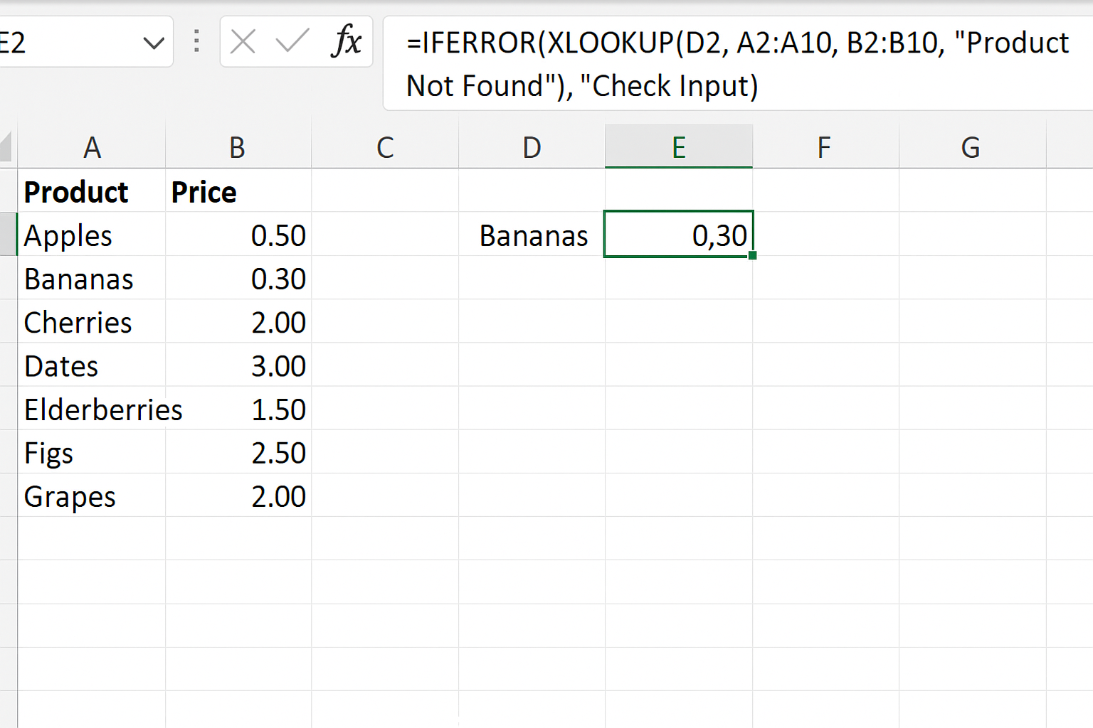 Excel showing robust product price lookup formula with nested IFERROR and XLOOKUP
