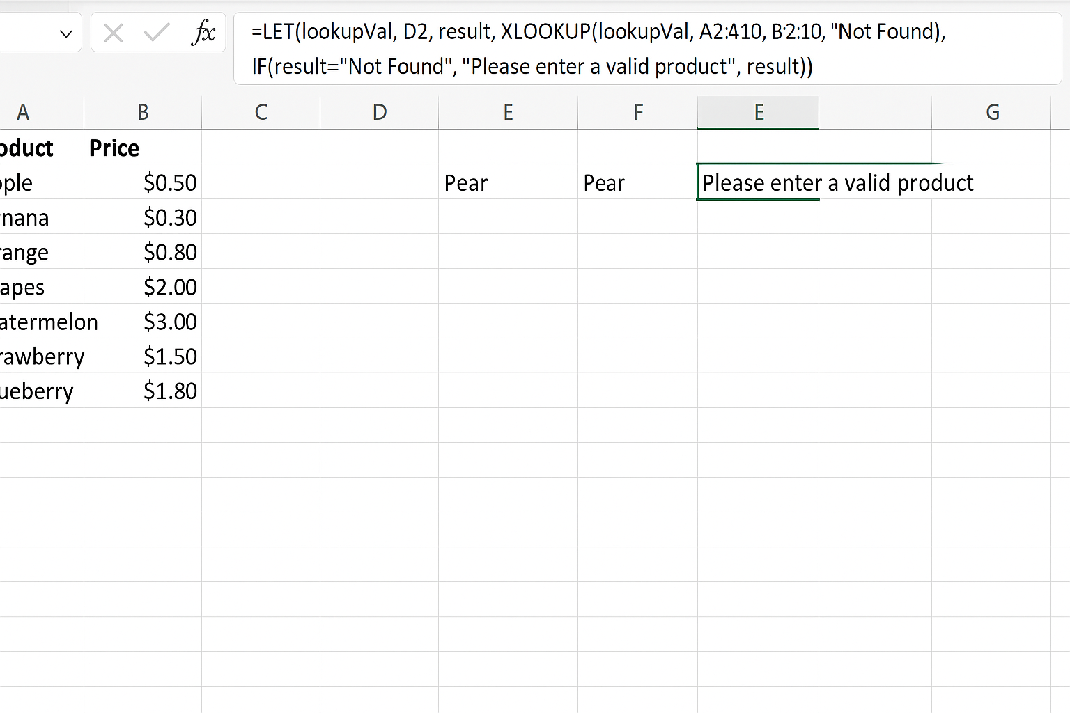 Excel showing LET function combined with XLOOKUP for advanced error handling