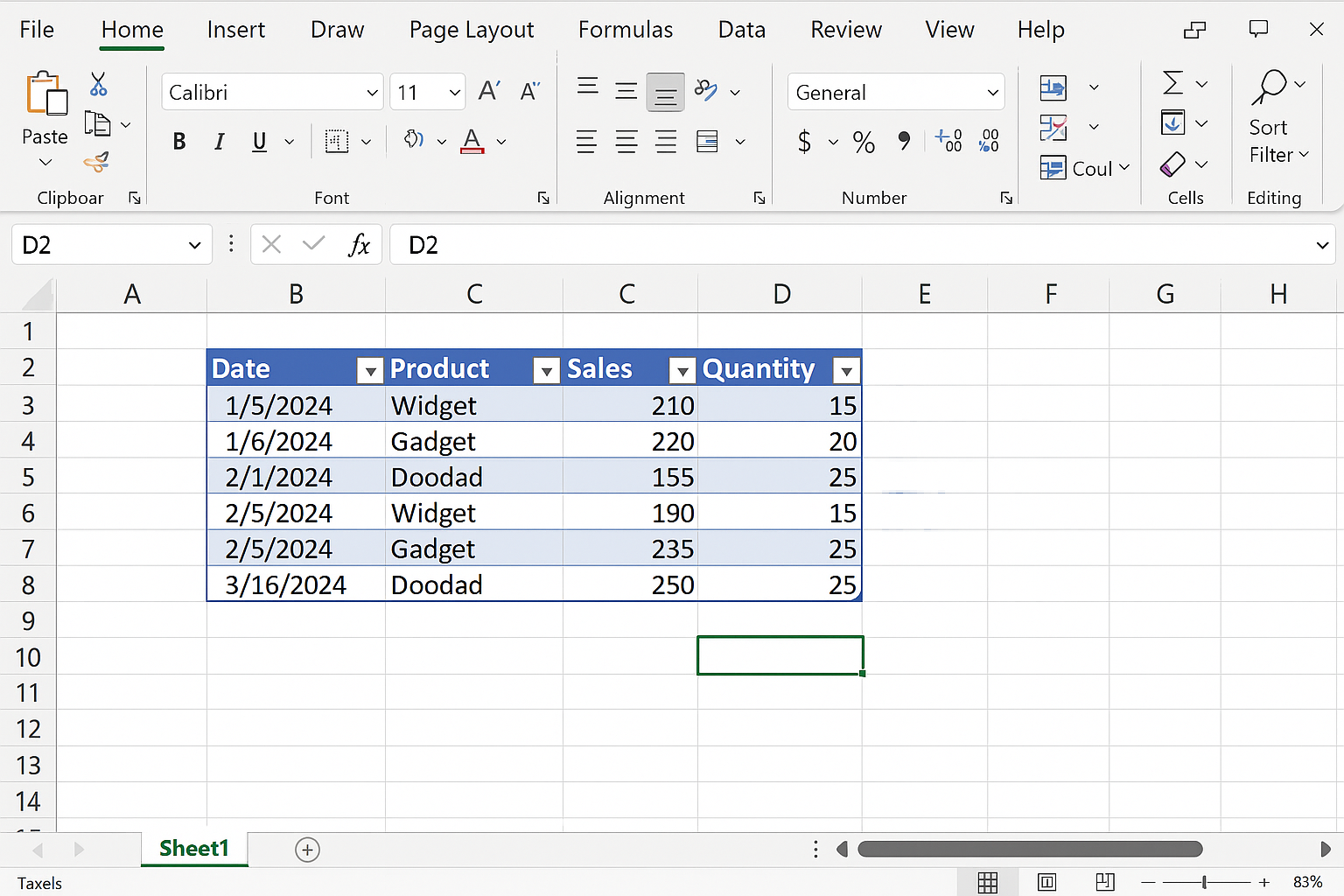 Excel worksheet showing a selected data range converted into a formatted table