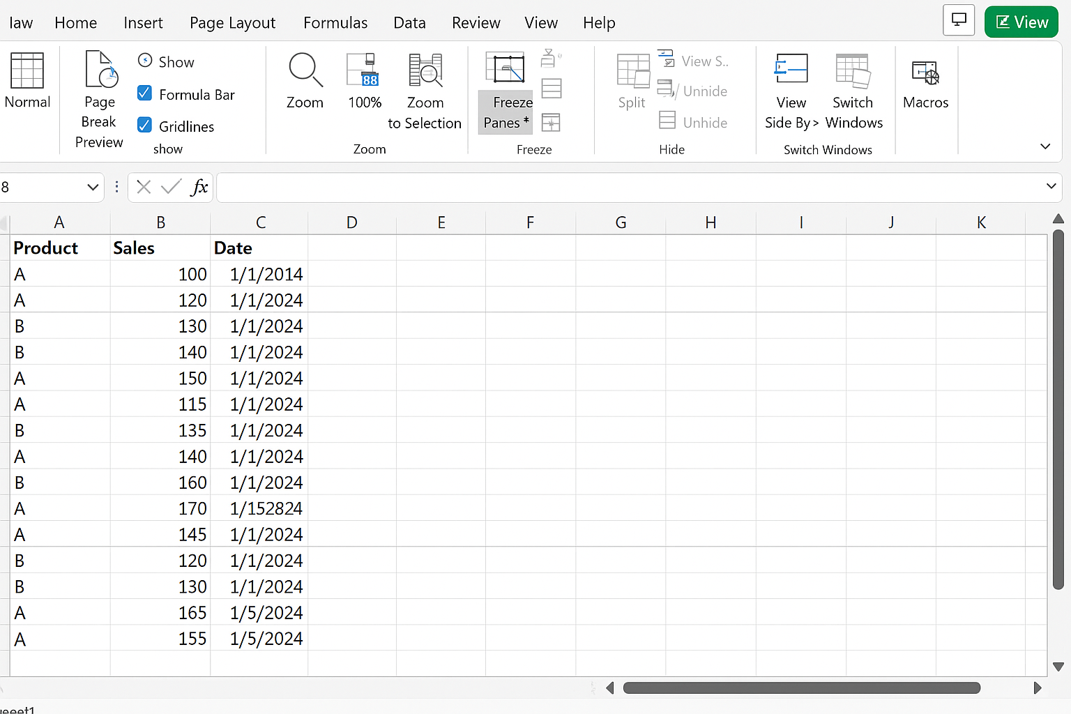 Excel worksheet with the top row frozen, headers visible while scrolling