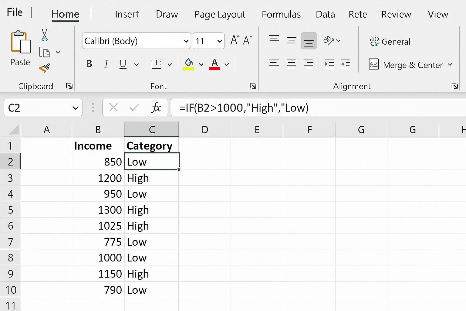 Excel worksheet showing a column with an IF formula categorizing income values as High or Low