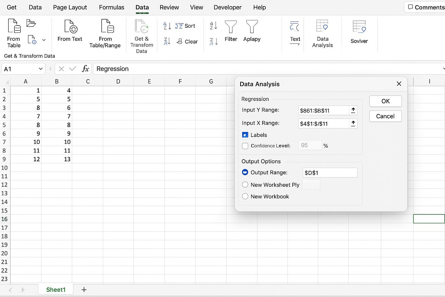 Excel Regression dialog box open with input ranges selected for Y and X variables