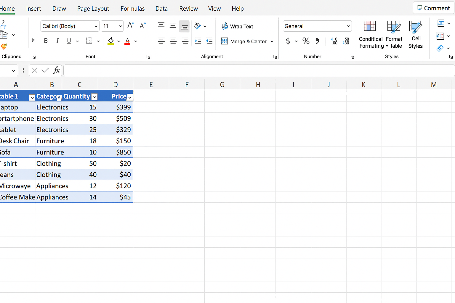 Excel worksheet with a dataset converted into a table showing filter dropdowns on each column header