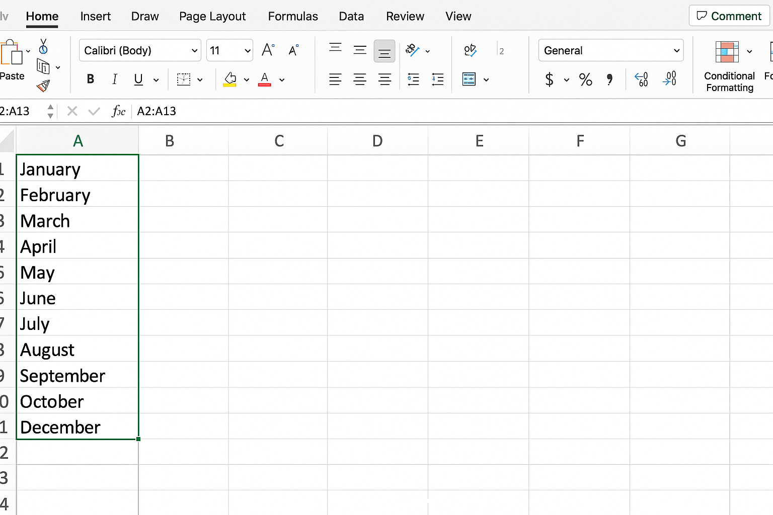 Excel worksheet with months entered in cells A2 to A13