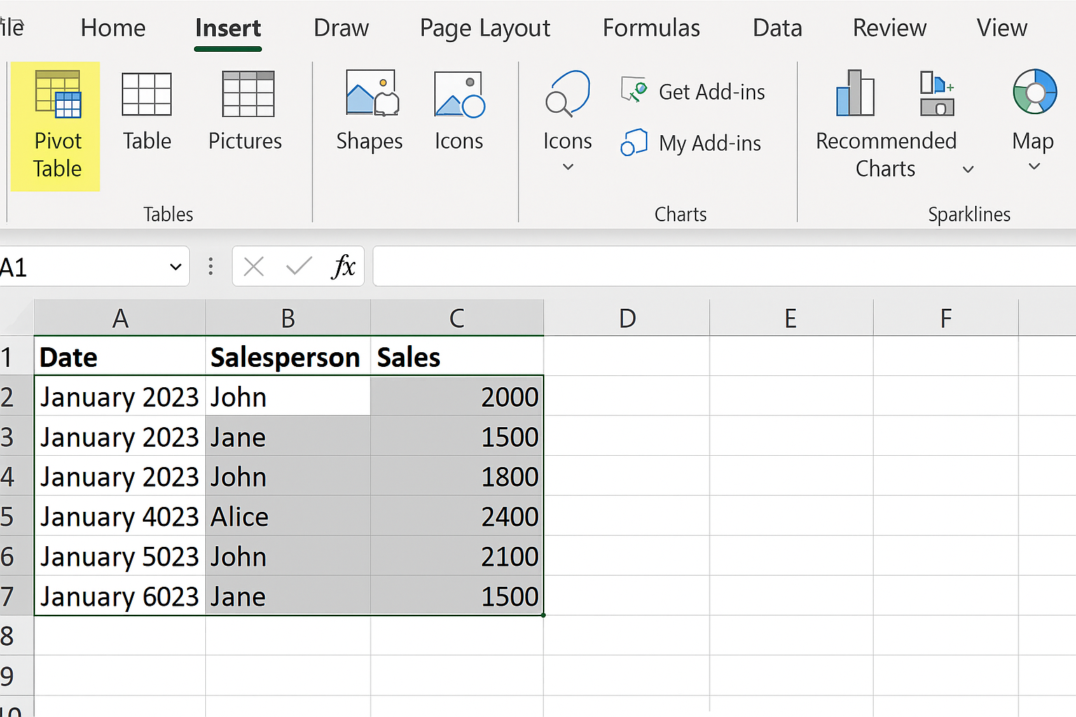 Excel Insert menu open with PivotTable option highlighted