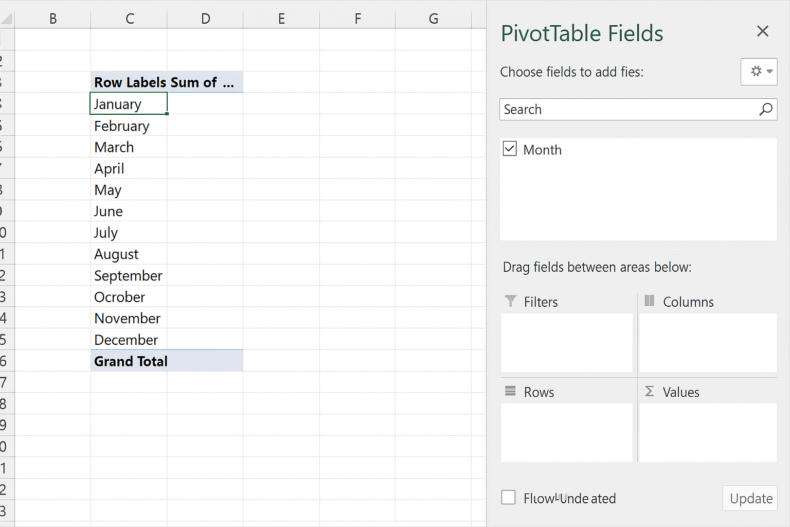 Pivot Table Fields pane with 'Month' field dragged to Rows area