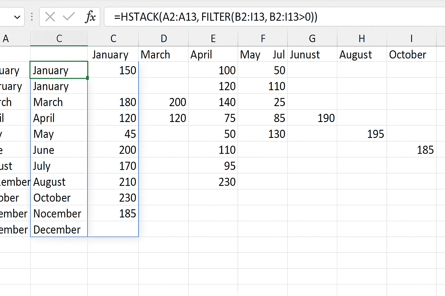 Excel worksheet showing formula =HSTACK(A2:A13, FILTER(B2:I13, B2:I13>0)) entered and resulting filtered data displayed