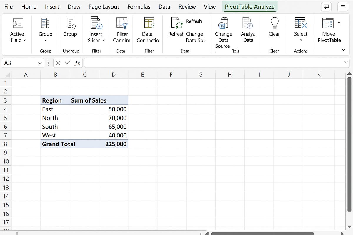 Excel ribbon showing the PivotTable Analyze tab selected