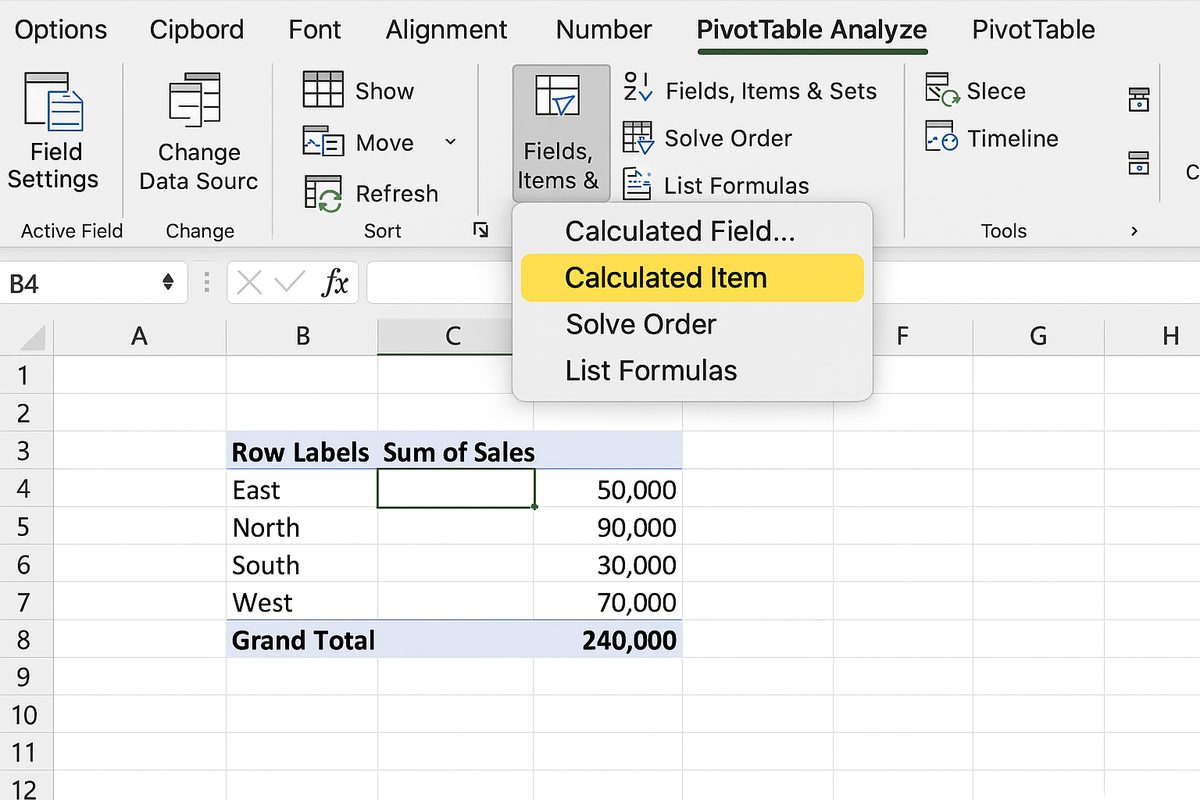 PivotTable Analyze tab with Fields, Items & Sets dropdown open and Calculated Field option highlighted