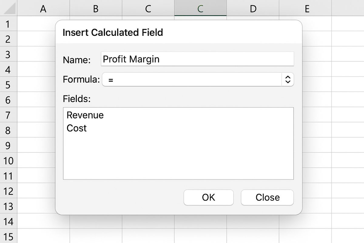 Insert Calculated Field dialog box open with 'Profit Margin' typed in the Name field