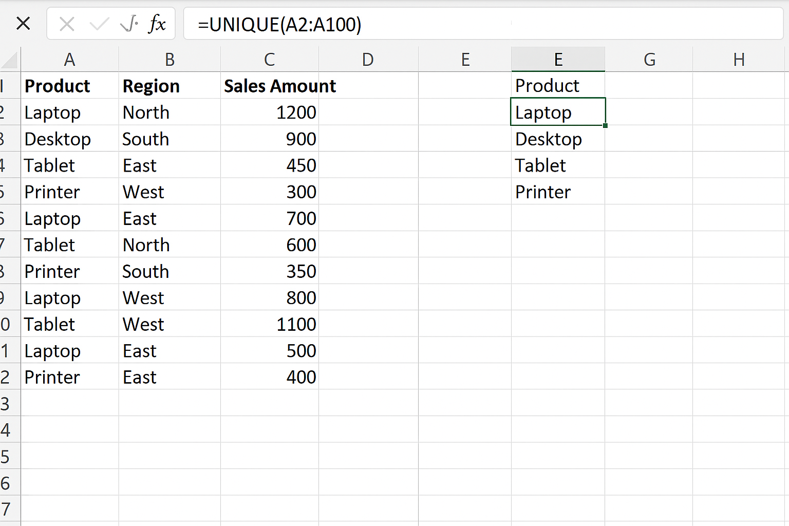 Excel worksheet showing UNIQUE formula extracting unique products from a product list