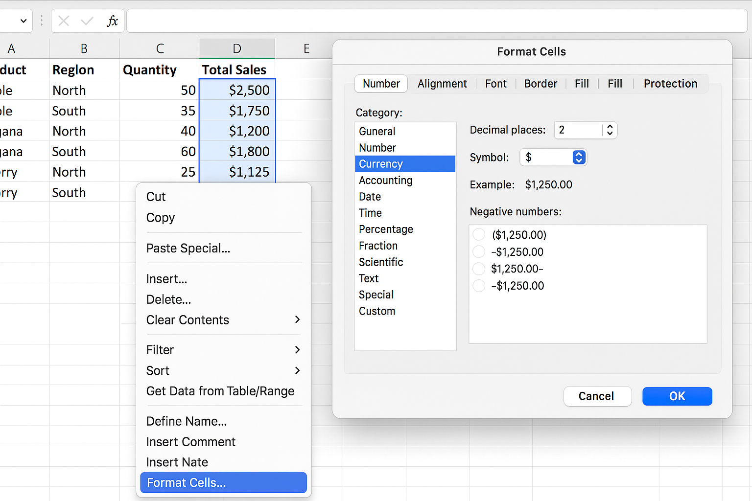 Excel worksheet with total sales column formatted as currency