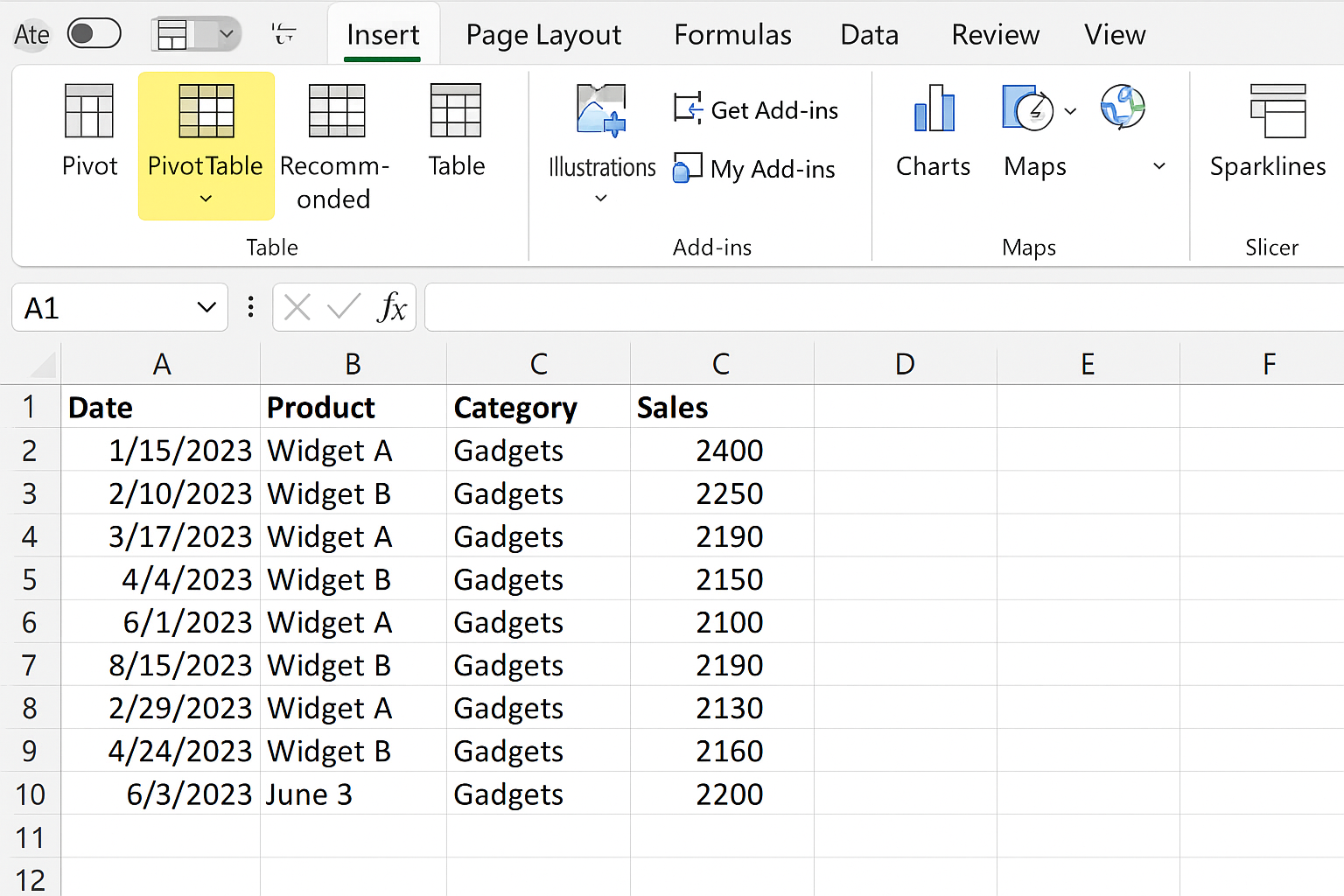 Excel worksheet with Insert tab selected and PivotTable button highlighted