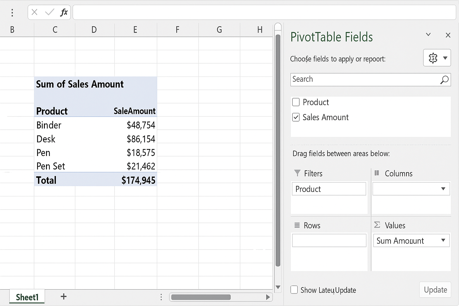 PivotTable Fields pane showing Product in Rows and Sales Amount in Values with a pivot table summarizing sales by product