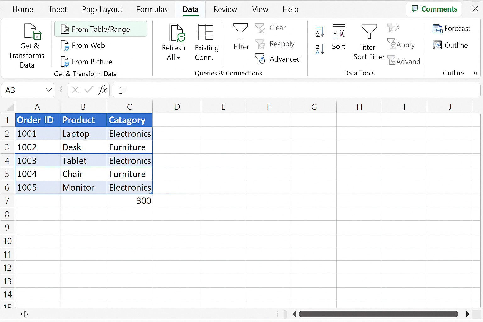 Excel Data tab showing Get & Transform Data group with From Table/Range option selected