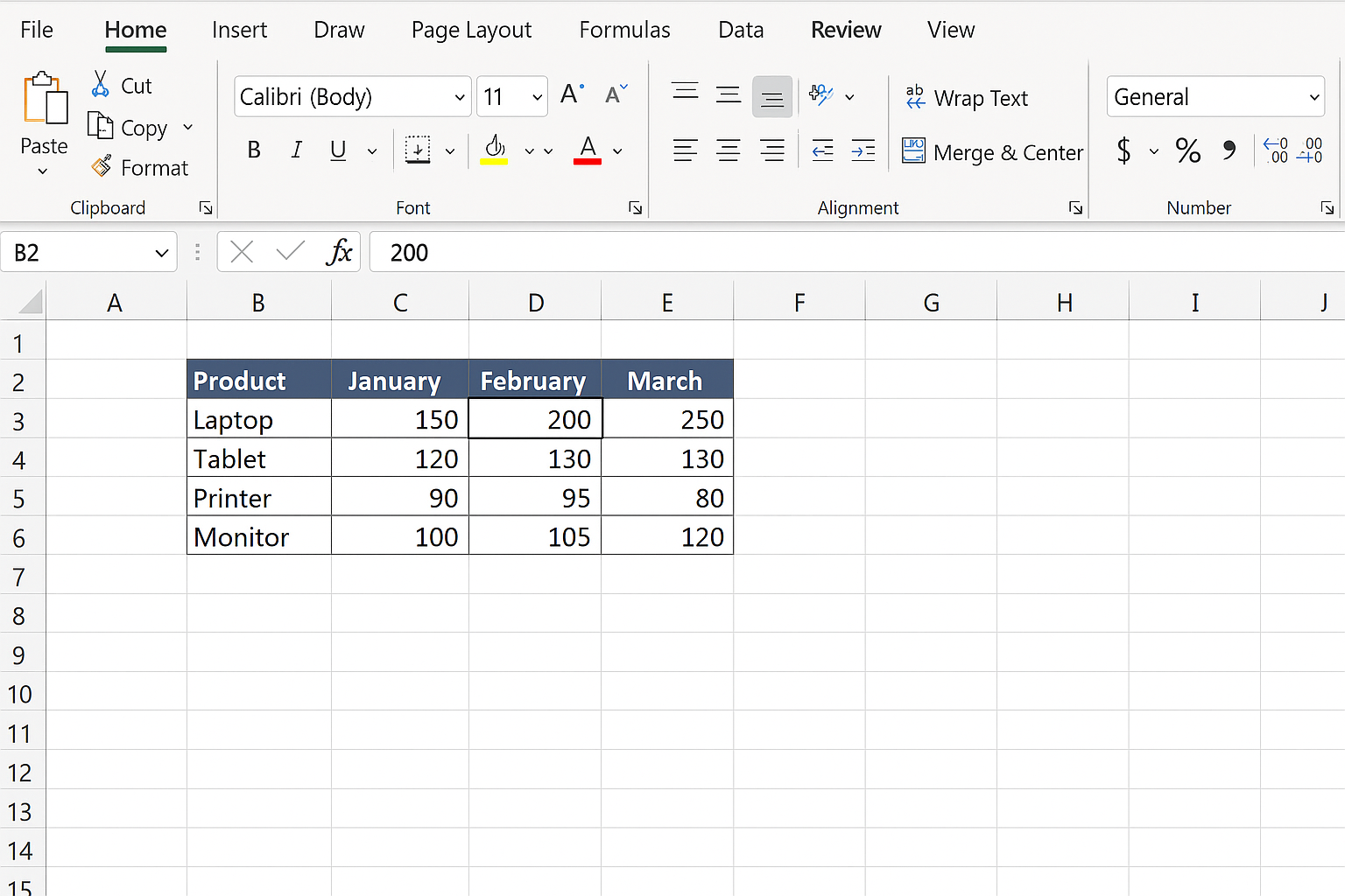 Excel worksheet with a data table selected by clicking inside it