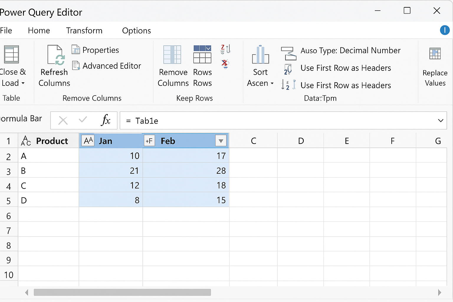Power Query Editor with Jan, Feb, and Mar columns selected