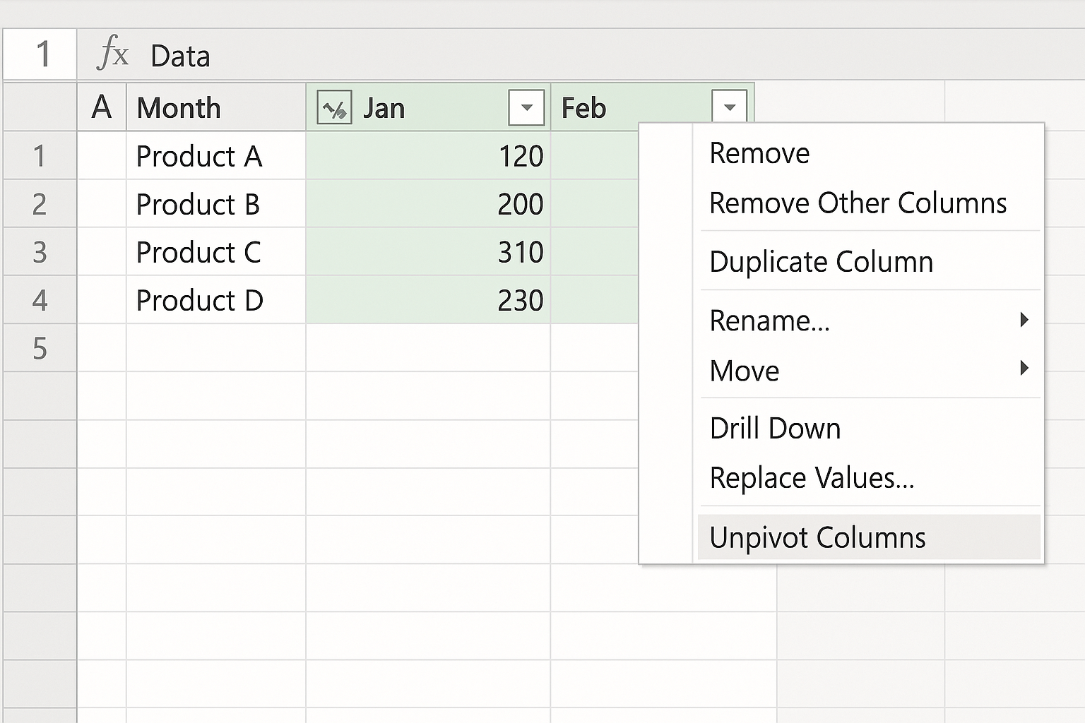 Power Query Editor showing context menu with Unpivot Columns option after right-clicking month column header