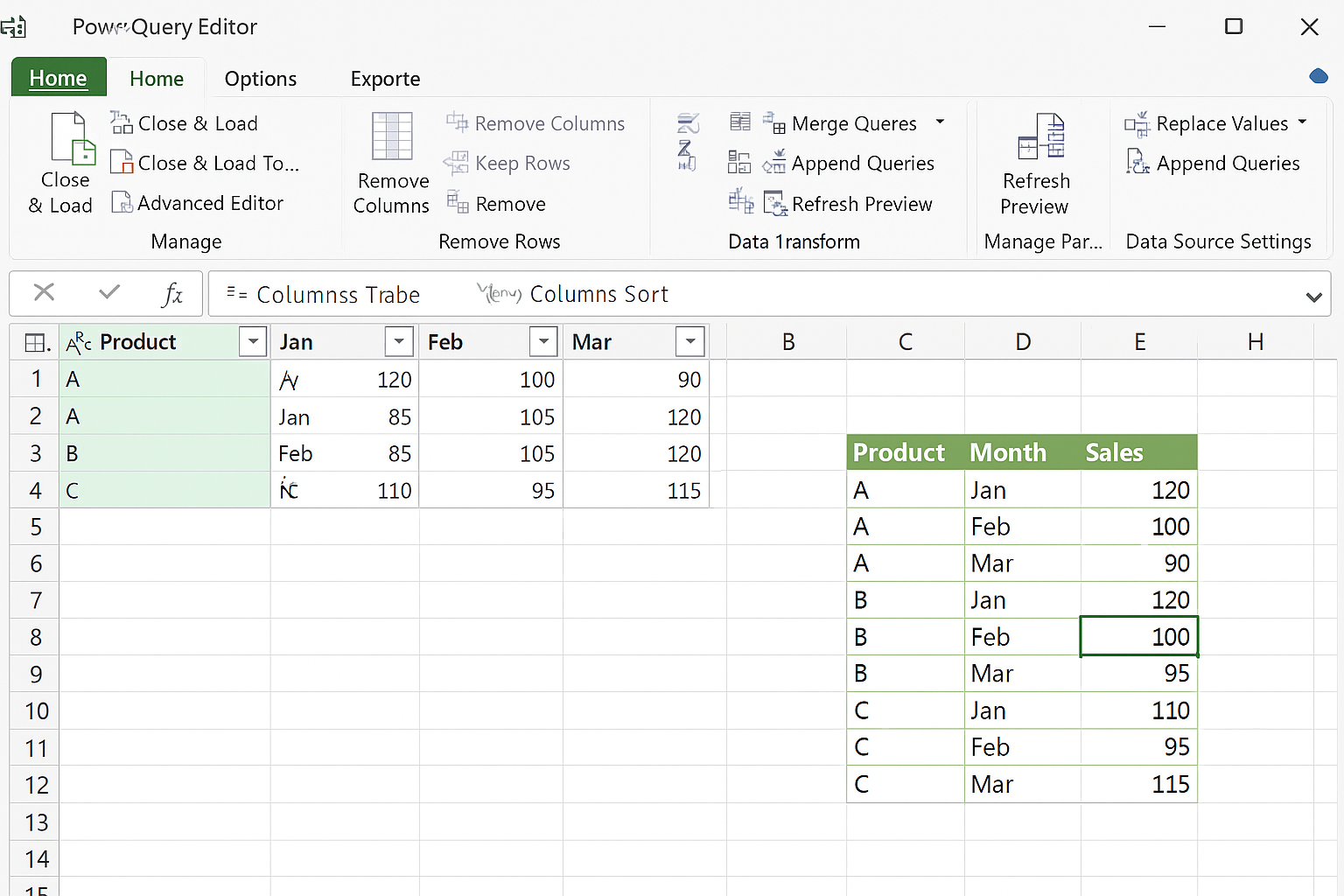 Power Query Editor Home tab with Close & Load button clicked, unpivoted data loaded into new worksheet