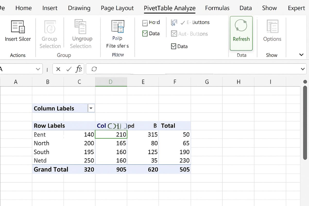 Pivot table selected with Refresh button highlighted on the PivotTable Analyze tab