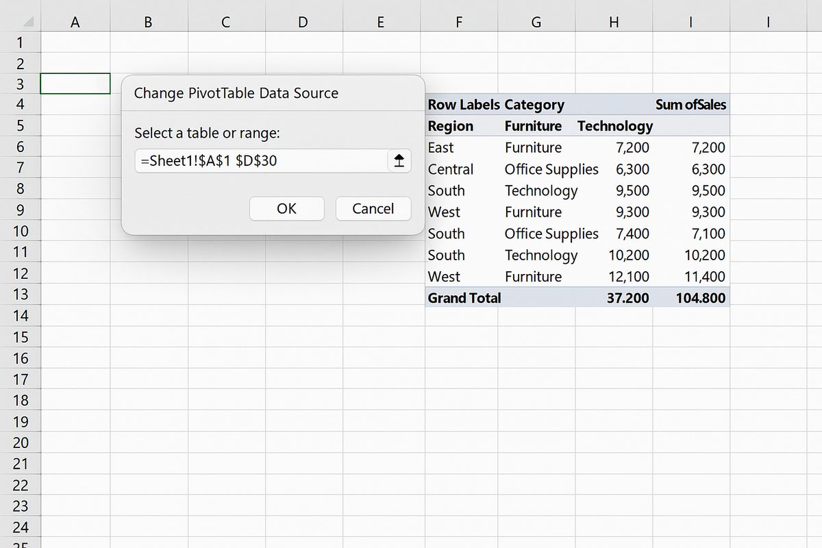 Change Data Source dialog open with updated range A1:D30, pivot table selected in background